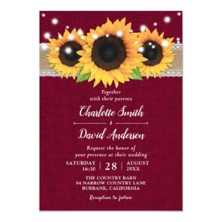 Rustic Burlap Lace Sunflower Burgundy Wedding Invitation