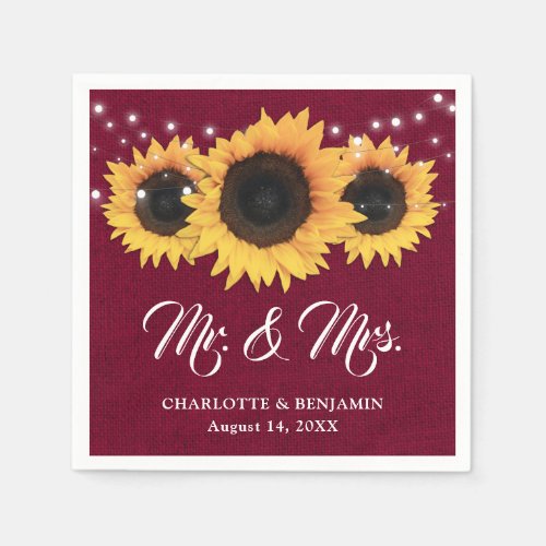 Rustic Burlap Lace Sunflower Burgundy Wedding Napkins