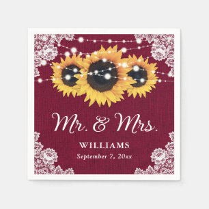 Rustic Burlap Lace Sunflower Burgundy Wedding Napkins