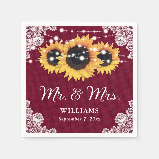 Rustic Burlap Lace Sunflower Burgundy Wedding Napkins (Front)