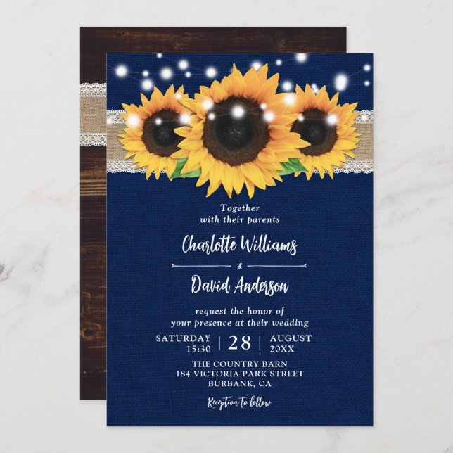 Rustic Burlap Lace Sunflower Navy Blue Wedding Invitation (Front/Back)