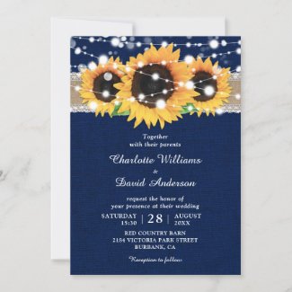 Rustic Burlap Lace Sunflower Navy Blue Wedding Invitation