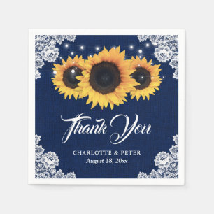 Rustic Burlap Lace Sunflower Navy Blue Wedding Napkins