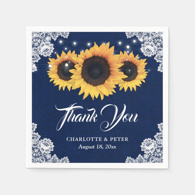 Rustic Burlap Lace Sunflower Navy Blue Wedding Napkins (Front)
