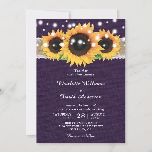 Rustic Burlap Lace Sunflower Purple Wedding Invitation