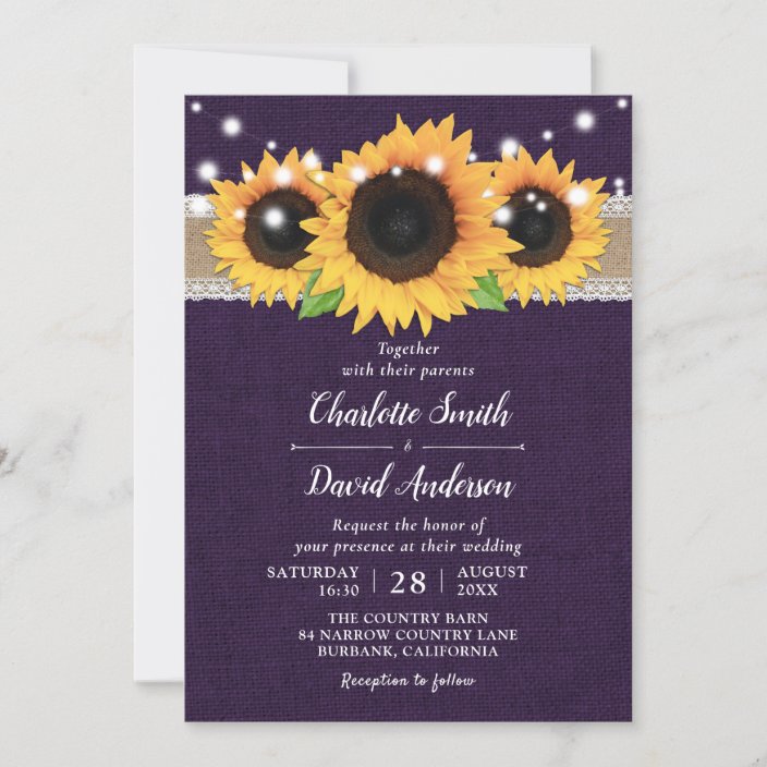 Rustic Burlap Lace Sunflower Purple Wedding Invitation