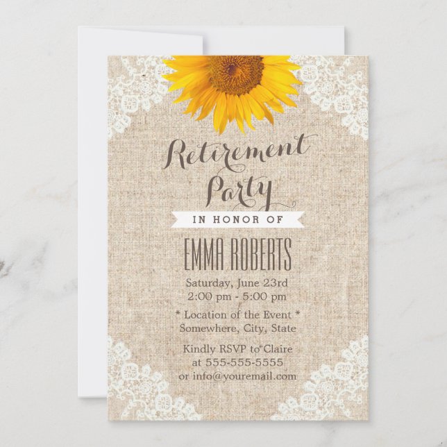 Rustic Burlap & Lace Sunflower Retirement Party Invitation (Front)