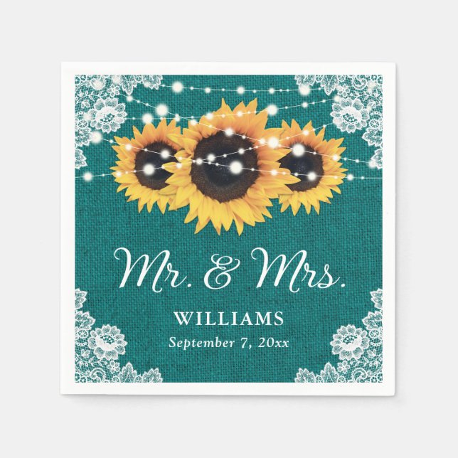 Rustic Burlap Lace Sunflower Teal Wedding Napkins (Front)