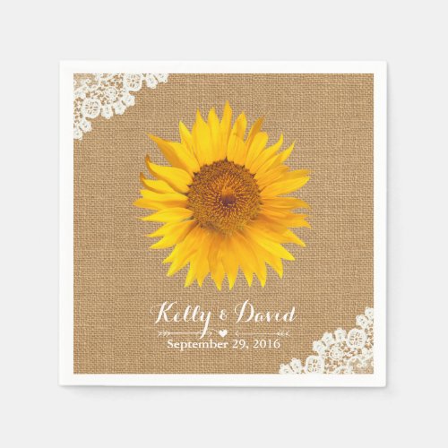 Rustic Burlap  Lace Sunflower Wedding Paper Napkins