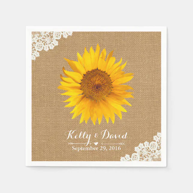 Rustic Burlap & Lace Sunflower Wedding Paper Napkins | Zazzle