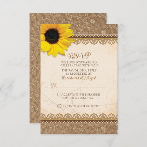 Rustic Burlap Lace Sunflower Wedding RSVP Card