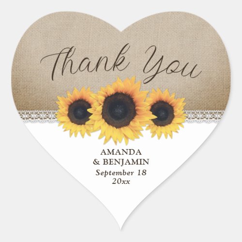 Rustic Burlap Lace Sunflower Wedding Thank You Heart Sticker