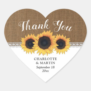 Rustic Burlap Lace Sunflower Wedding Thank You Heart Sticker