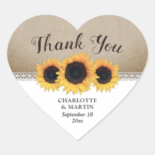 Rustic Burlap Lace Sunflower Wedding Thank You Heart Sticker