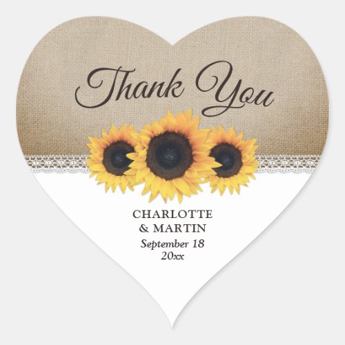 Rustic Burlap Lace Sunflower Wedding Thank You Heart Sticker