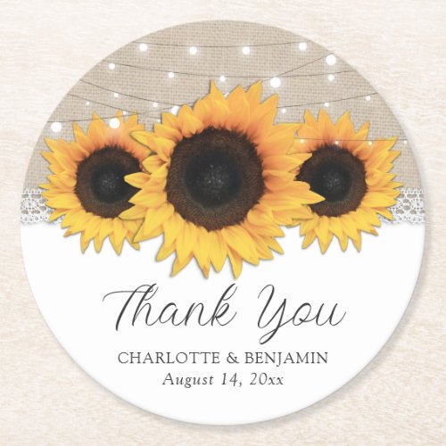 Rustic Burlap Lace Sunflower Wedding Thank You Round Paper Coaster