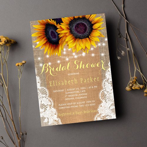 Rustic burlap lace sunflowers lights bridal shower invitation