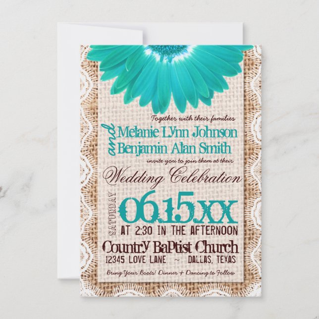 Rustic Burlap Lace Teal Daisy Wedding Invitations (Front)