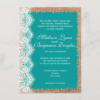 Rustic Burlap Lace Turquoise Wedding Invitations