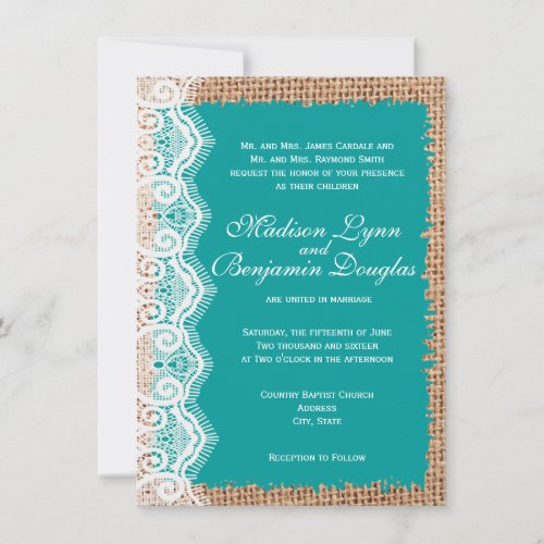 Rustic Burlap Lace Turquoise Wedding Invitations