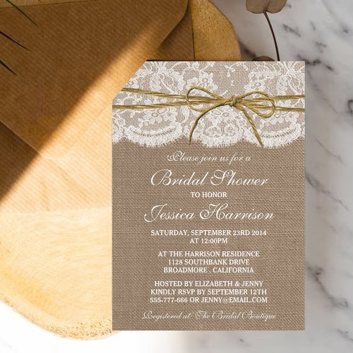 Rustic Burlap Lace  Twine Bow Bridal Shower Invitation