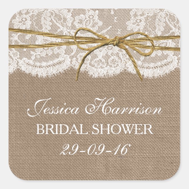 Rustic Burlap, Lace & Twine Bow Bridal Shower Square Sticker (Front)