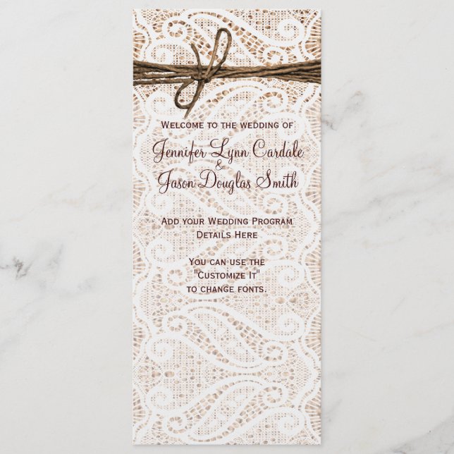 Rustic Burlap Lace Twine Country Wedding Program (Front)