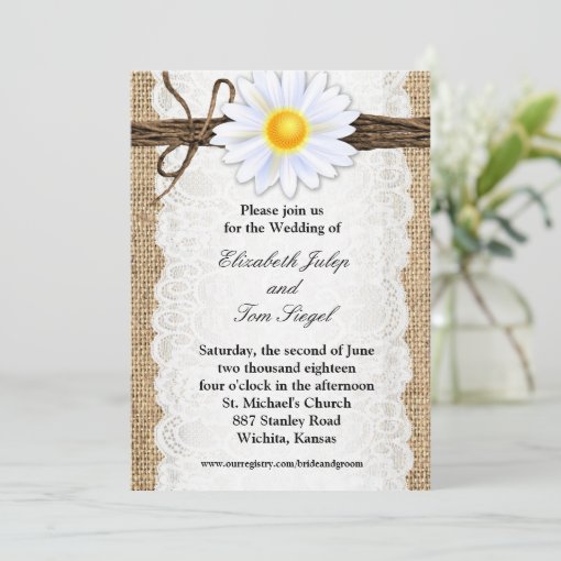 Rustic Burlap Lace Twine Daisy Wedding Invitation Zazzle