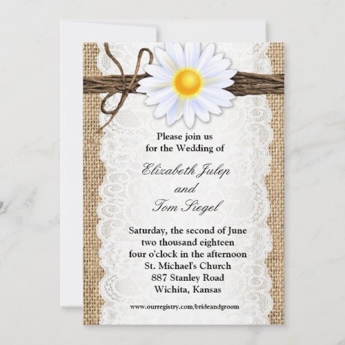 Rustic Burlap Lace Twine Daisy Wedding Invitation