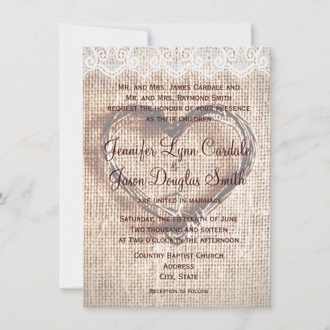 Rustic Burlap Lace Twine Heart Wedding Invitations (Front)
