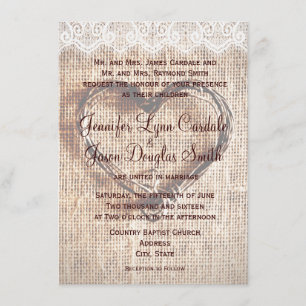 Rustic Burlap Lace Twine Heart Wedding Invitations