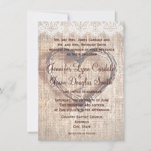 Rustic Burlap Lace Twine Heart Wedding Invitations