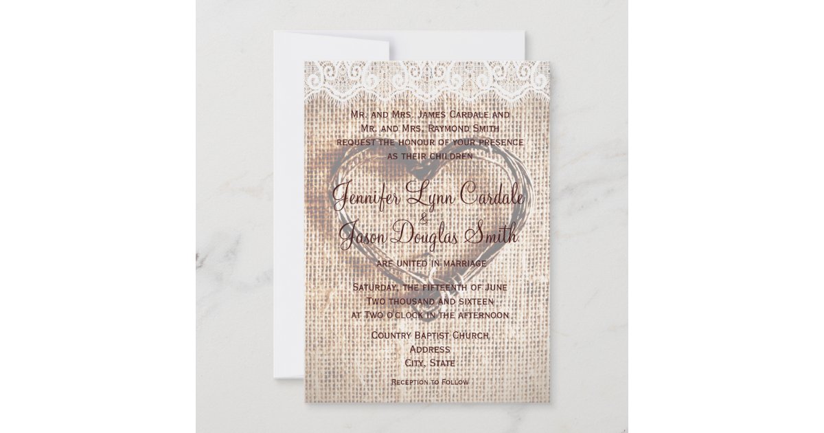 Rustic Burlap Lace Twine Heart Wedding Invitations Zazzle