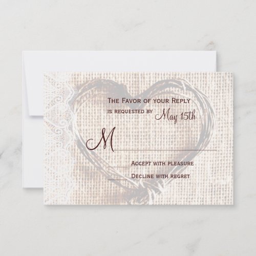 Rustic Burlap Lace Twine Heart Wedding RSVP Card