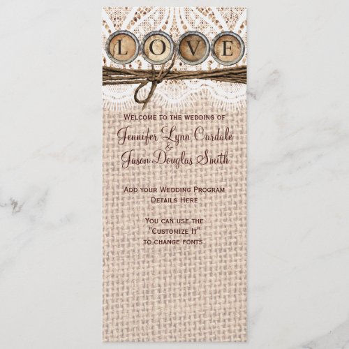 Rustic Burlap Lace Twine LOVE Wedding Program