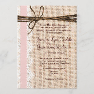 Rustic Burlap Lace Twine Pink Ribbon Wedding Invitation