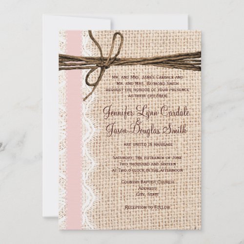 Rustic Burlap Lace Twine Pink Ribbon Wedding Invitations