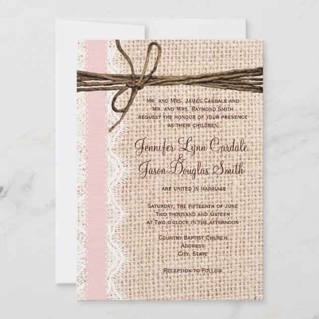 Rustic Burlap Lace Twine Pink Ribbon Wedding Invitation | Zazzle