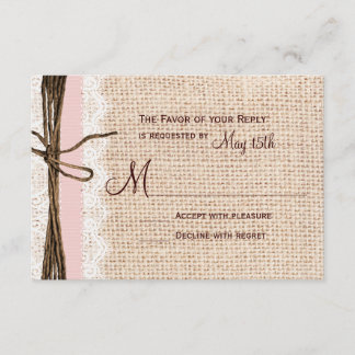 Rustic Burlap Lace Twine Pink Ribbon Wedding RSVP Card