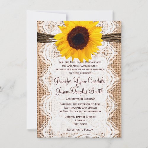 Rustic Burlap Lace Twine Sunflower Wedding Invites