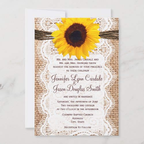 Rustic Burlap Lace Twine Sunflower Wedding Invites
