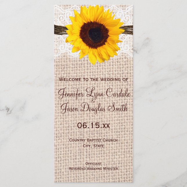 Rustic Burlap Lace Twine Sunflower Wedding Program (Front)