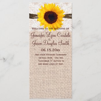 Rustic Burlap Lace Twine Sunflower Wedding Program by CustomWeddingSets at Zazzle