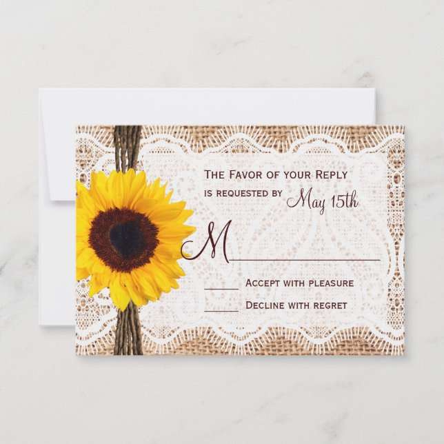 Rustic Burlap Lace Twine Sunflower Wedding RSVP (Front)
