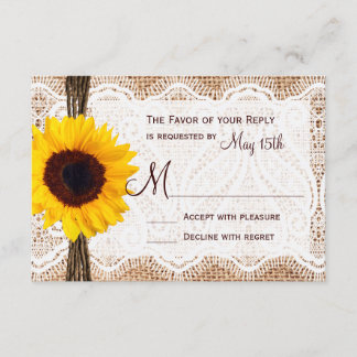 Rustic Burlap Lace Twine Sunflower Wedding RSVP Card