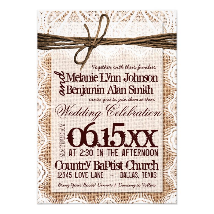 Rustic Burlap Lace Typography Wedding Invitations