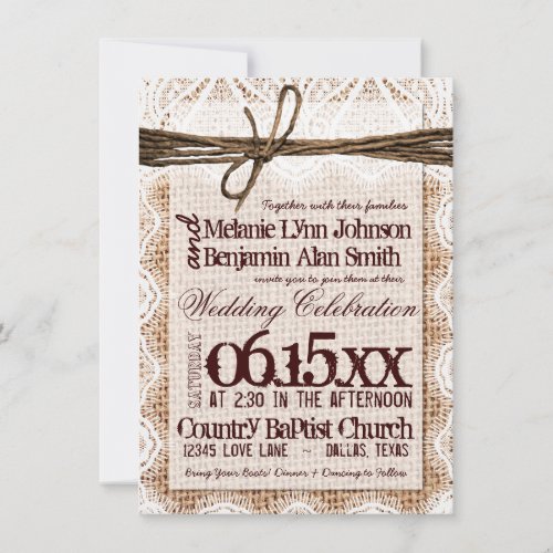 Rustic Burlap Lace Typography Wedding Invitations