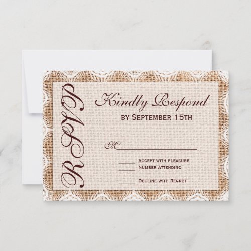 Rustic Burlap Lace Typography Wedding RSVP Cards