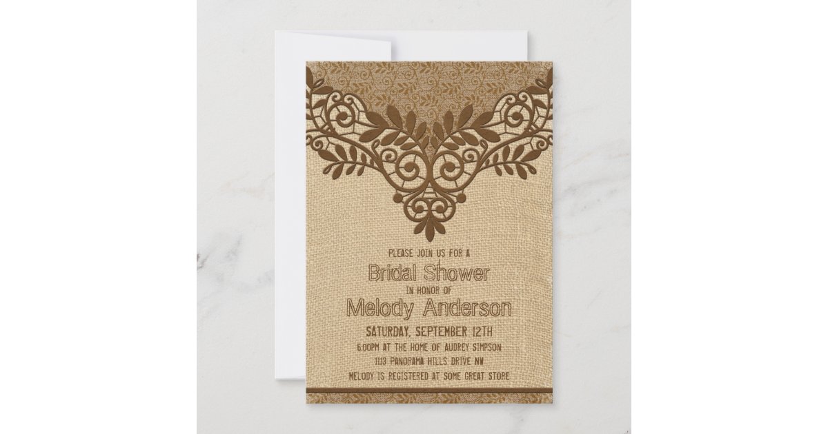 Rustic Burlap Lace Vintage Bridal Shower Invitation | Zazzle