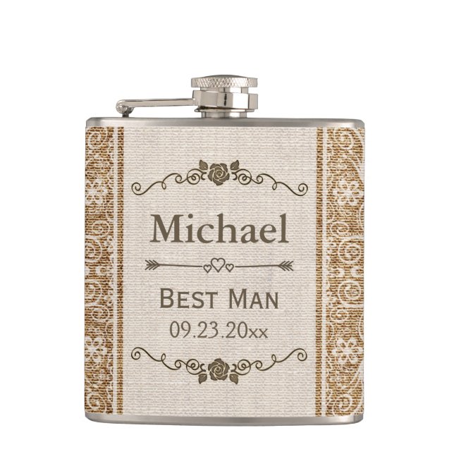 Rustic Burlap Lace Wedding Best Man Flask (Front)